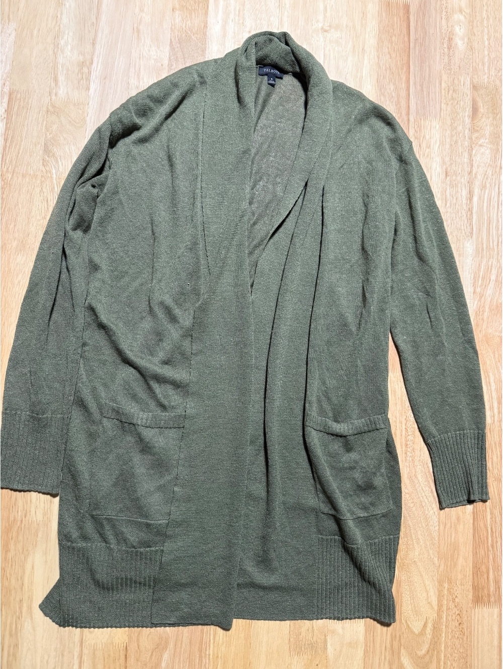 Talbots Women’s Small Olive Green Linen Blend Long Open Cardigan Pockets